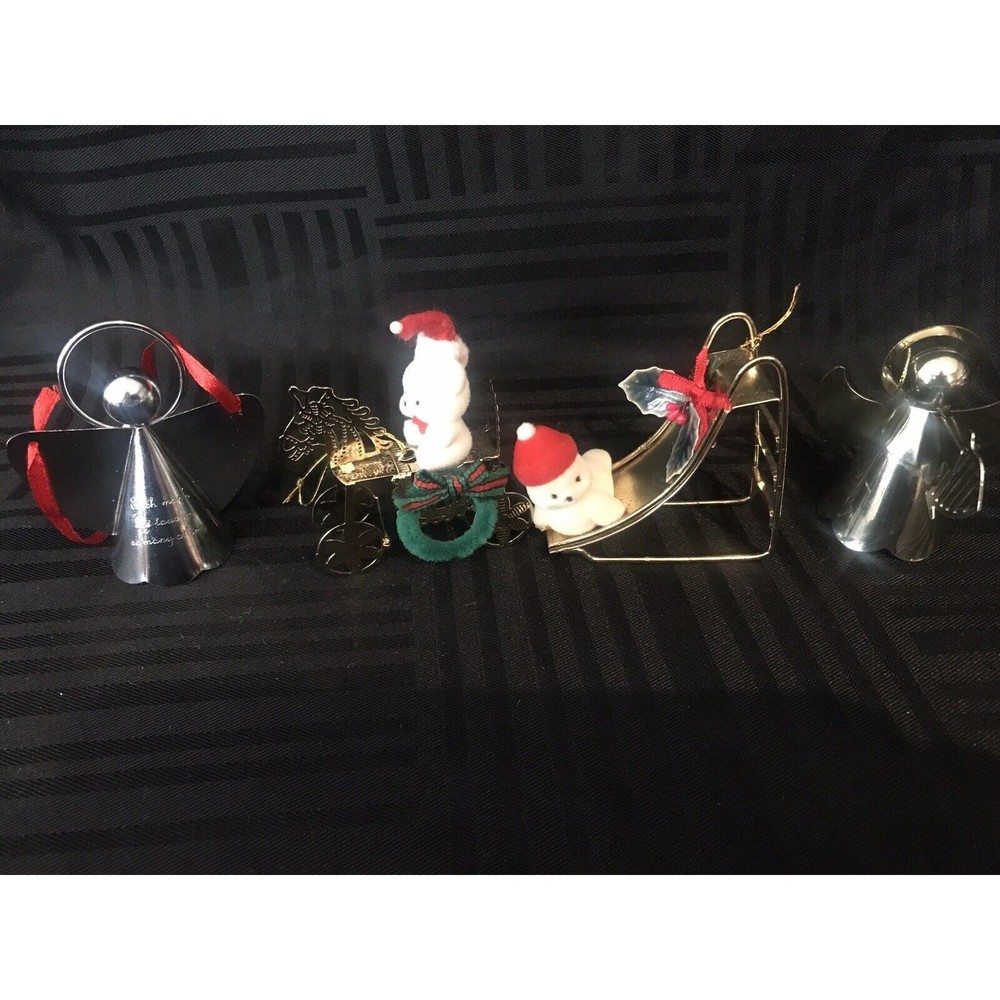 Vintage ornaments set of 4 gold toned slide, horse,angel and silver toned angel